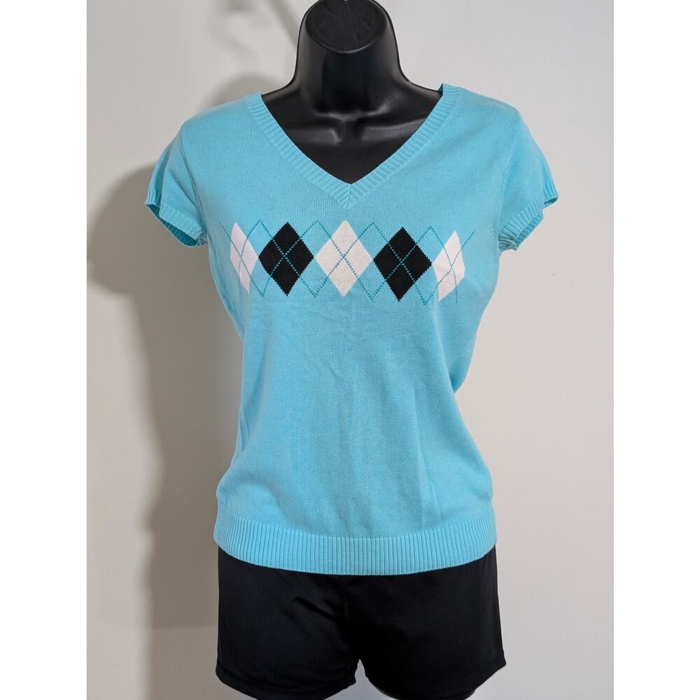 New York & Company Light Blue Argyle V-Neck Short Sleeve Sweater Top